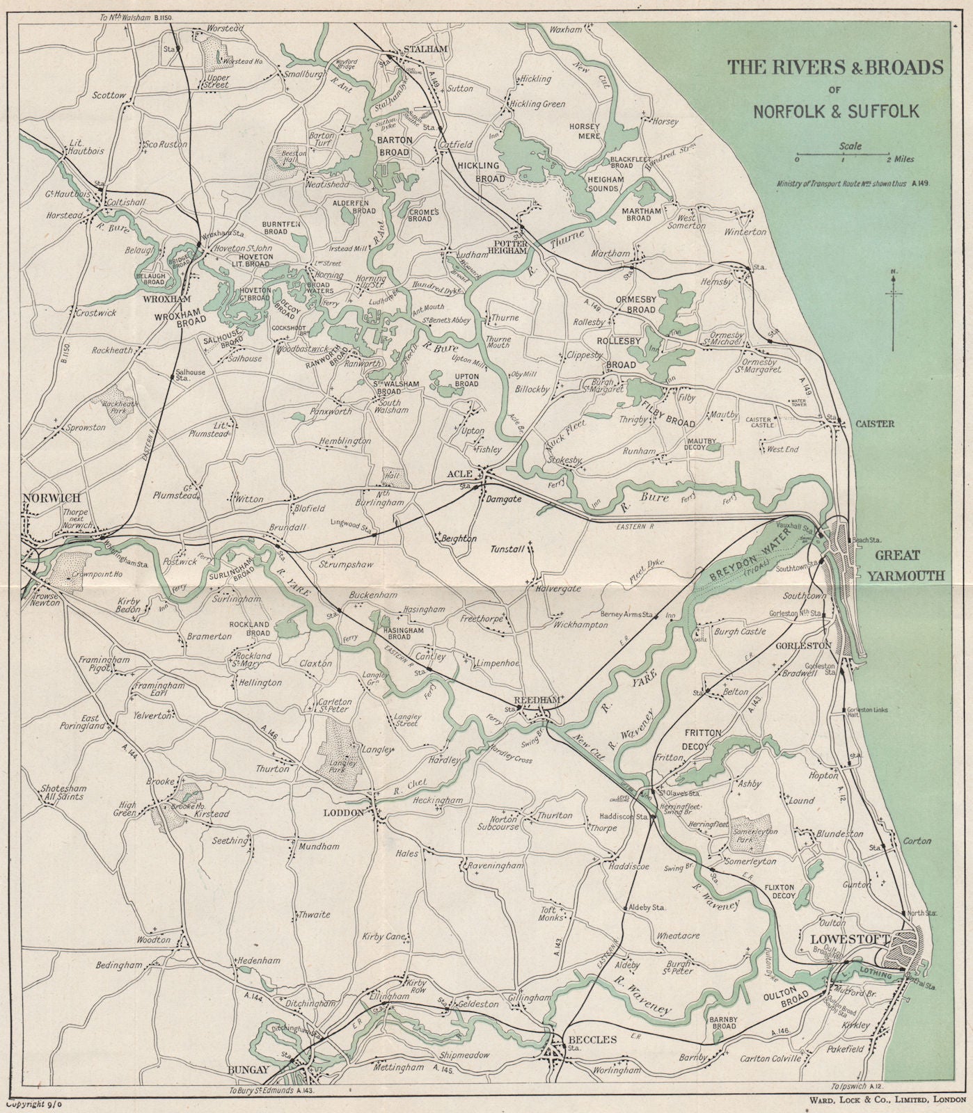 THE NORFOLK BROADS. Great Yarmouth Lowestoft Norwich Beccles. WARD LOCK 1950 map